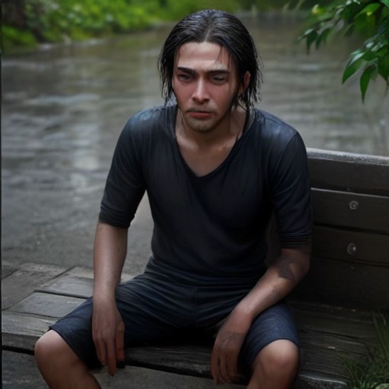 doomer wojak sitting on a wet bench, face full of regret