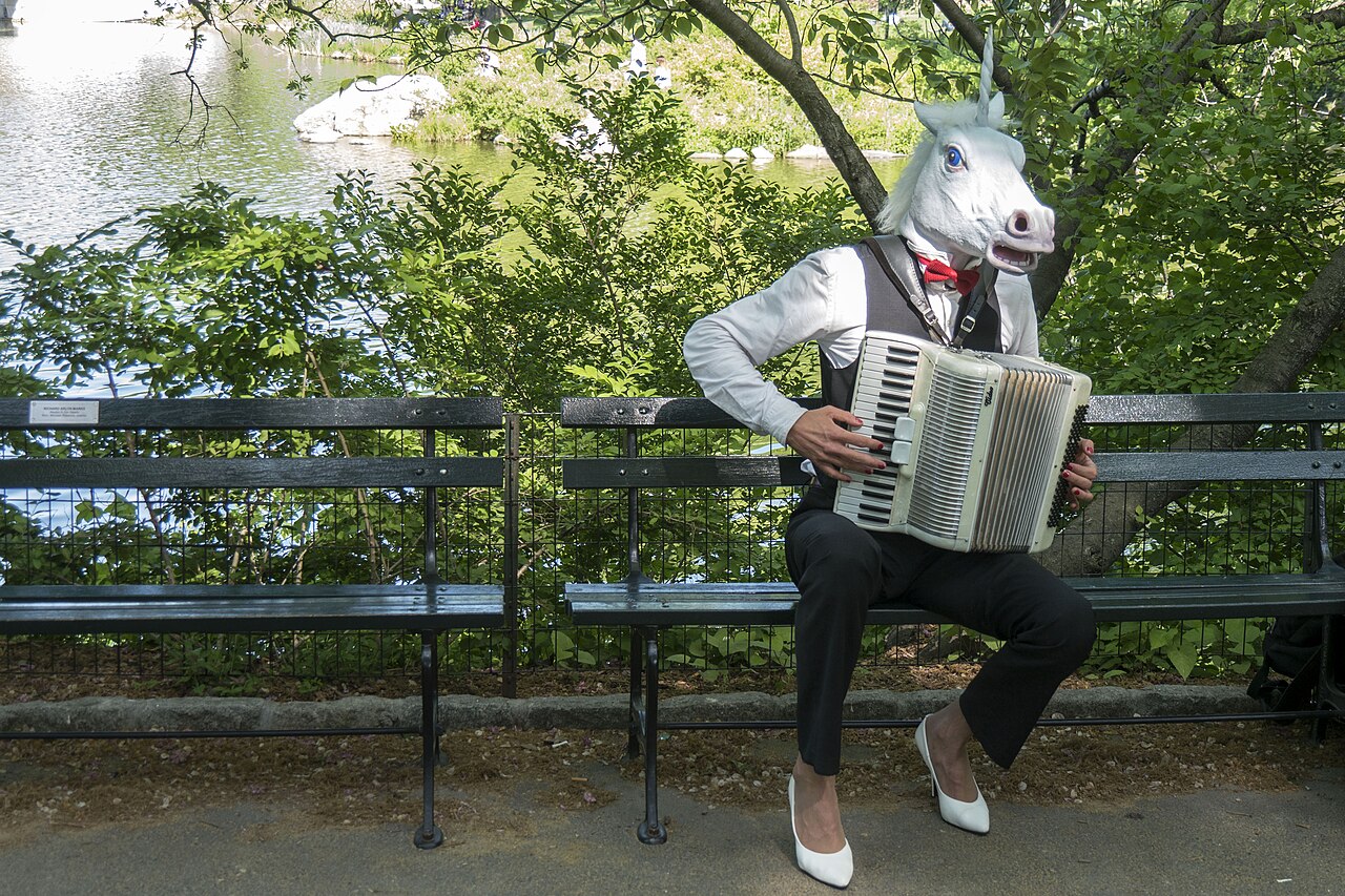 yellow accordion on a park bench